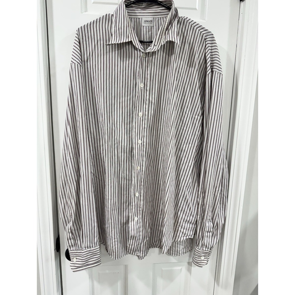 Armani Collezioni Mens XXL Striped Button Up Dress Shirt White Burgundy Cotton